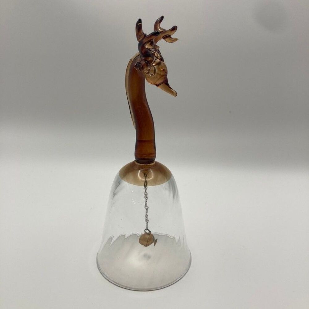 Vintage Hand Blown 6 3/4" Amber and Clear Art Glass Bell‎ Deer Figurine